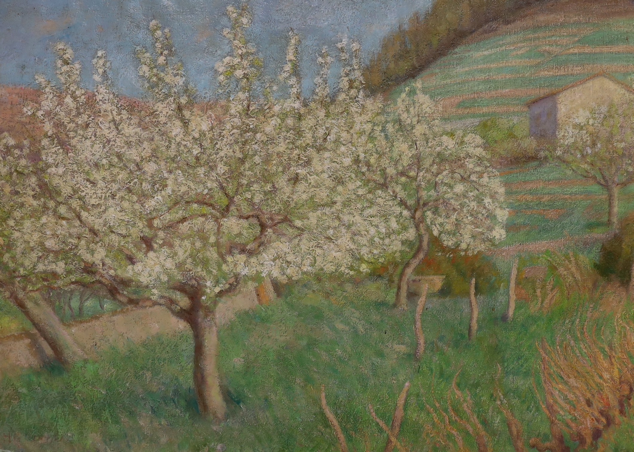 French School c.1890, oil on canvas, Apple trees in blossom, indistinctly signed, 50 x 71cm, unframed